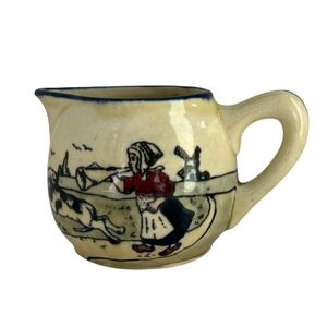 Antique Austrian Creamer Pitcher | Dutch Girl & Dog Folk Art Ceramic | 7258